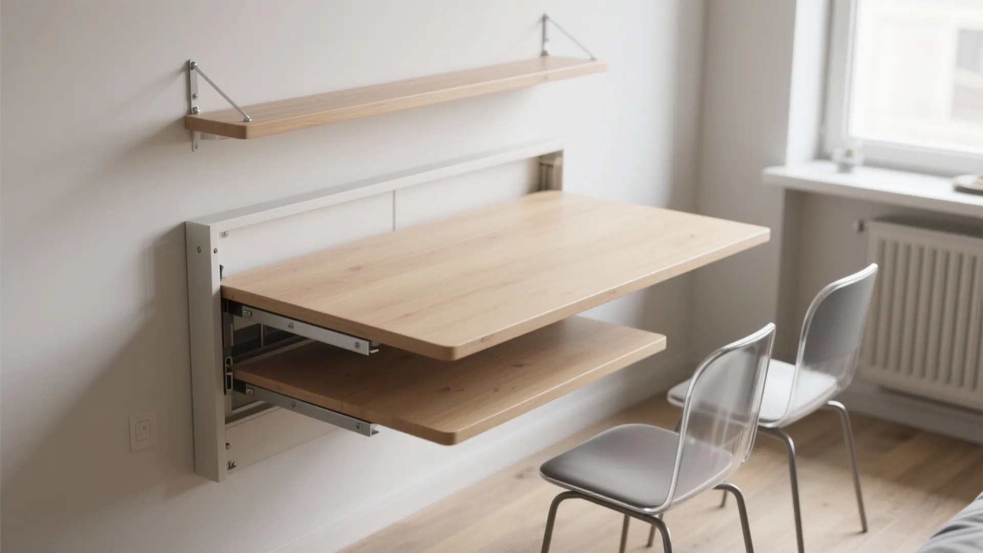 Top-down view of a wall-mounted shelf folding down into a narrow rectangular dining table, showing anchors and clearance