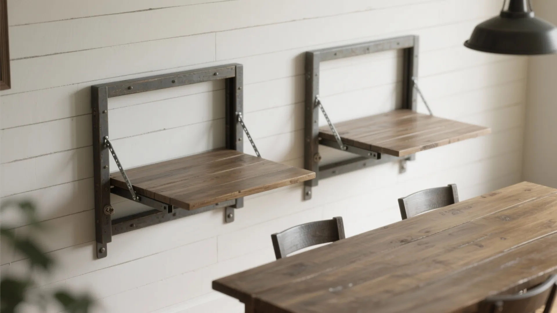Two folding wall desks with wooden tops and metal frames mounted on white wood walls