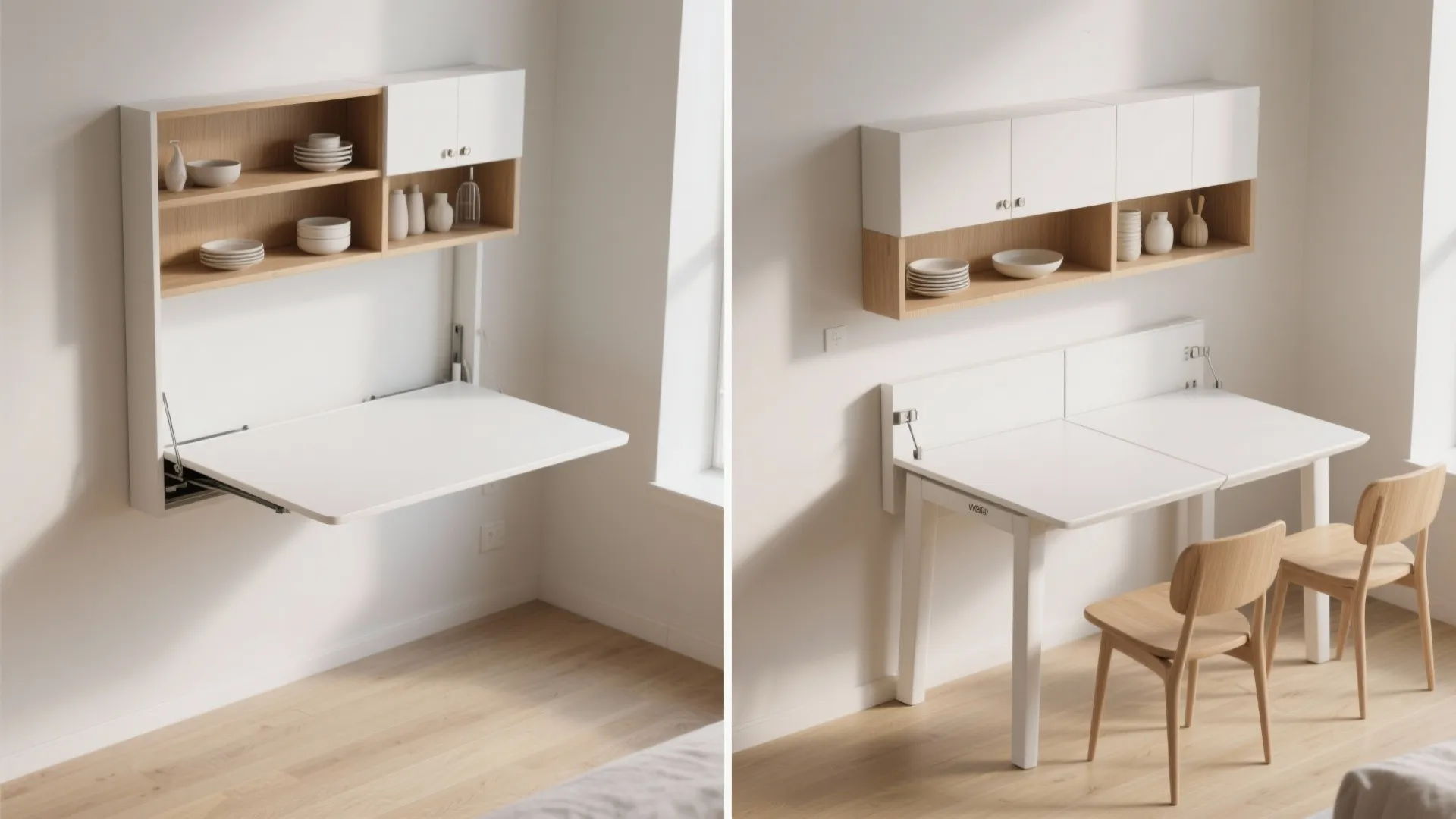 3. Fold-down wall tables with shelving