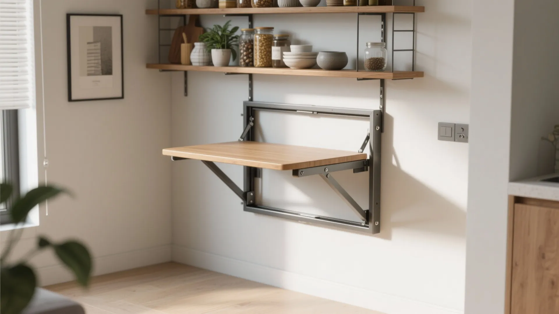 Space saving wall mounted folding wooden table installed under open shelves in a modern clean room