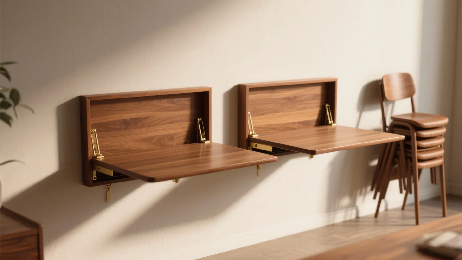3. Wall-Mounted Fold-Down Tables with Mid-Century Details