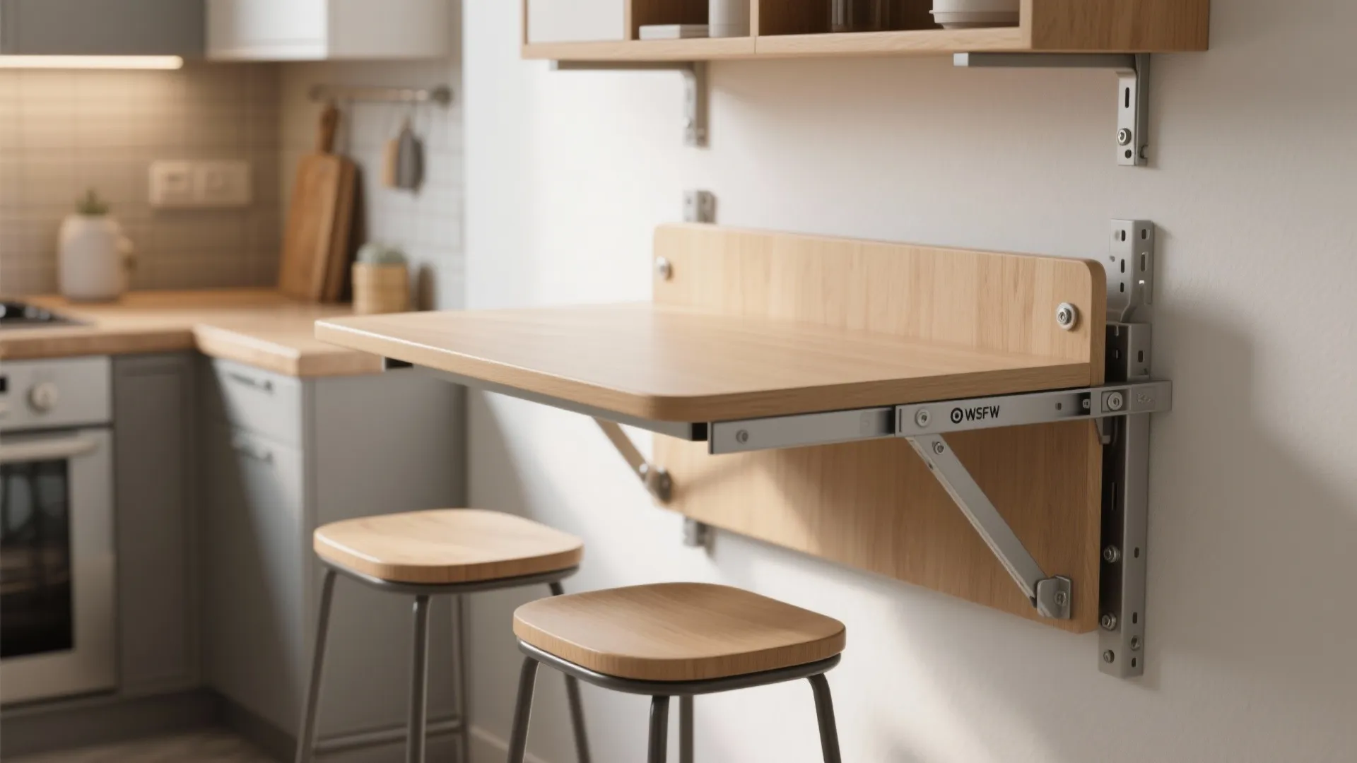 Wall-mounted fold-down rectangular kitchen table with visible brackets and stools tucked underneath.