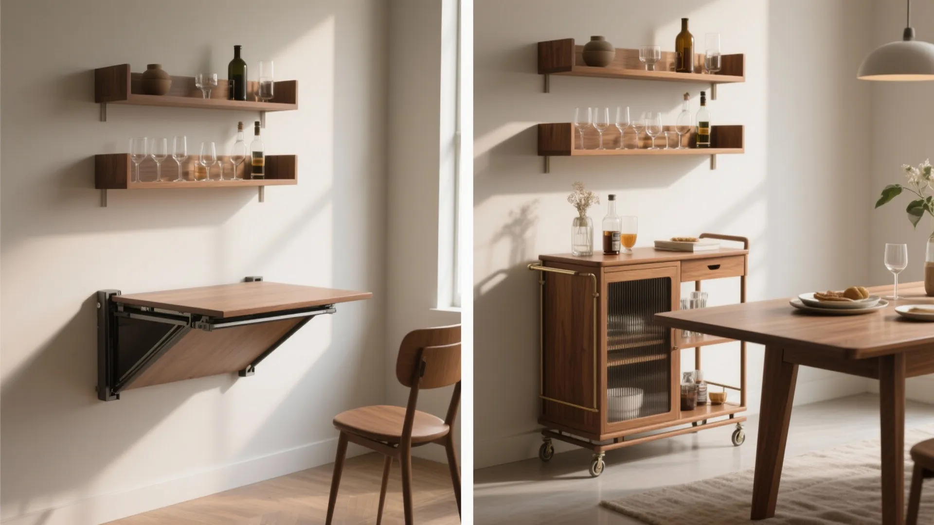 Wall-mounted fold-away table shown folded flat and open with styled shelves above used as a bar.
