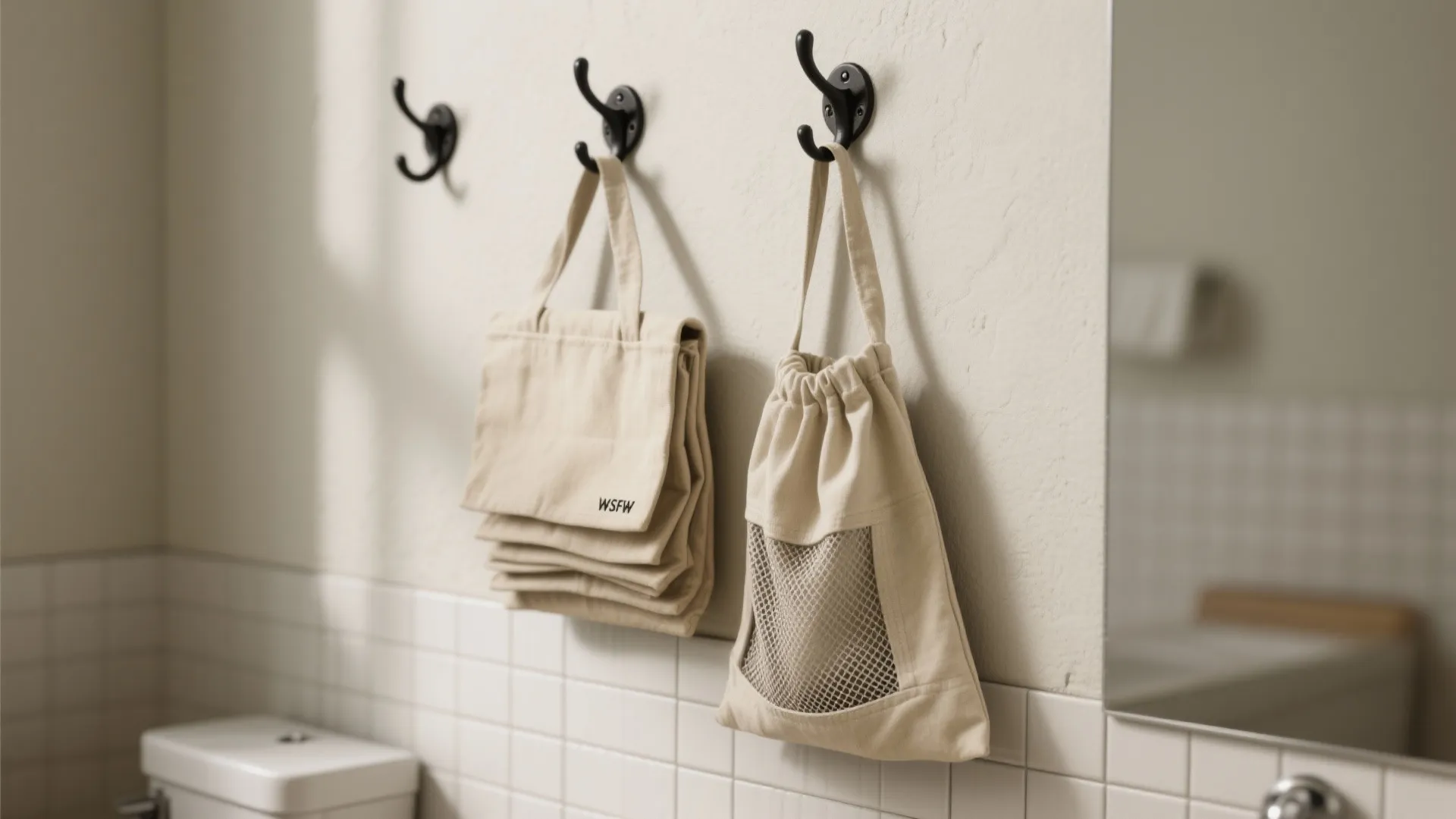 Wall-mounted foldable canvas laundry bags, one folded flat and one in use, in a compact space.