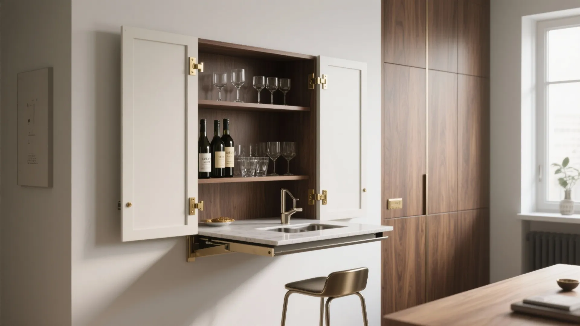 Wall mounted white cabinet opening to reveal a hidden home bar with wine and glasses