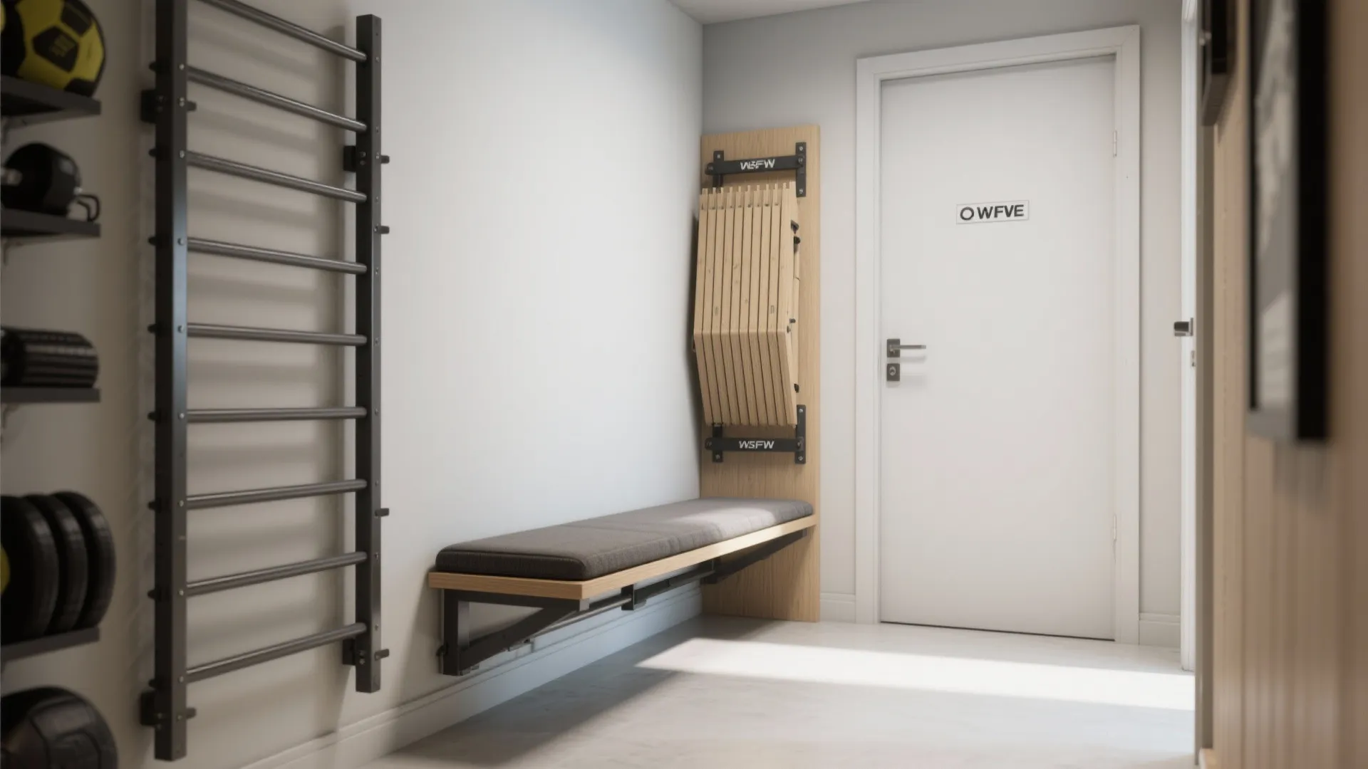 5. Wall-mounted fold-down bench or compact rack combo