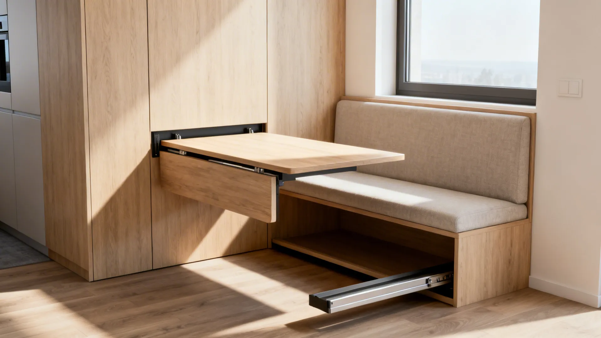 Micro-apartment with a wall-mounted fold-down table and a bench that slides under when not in use