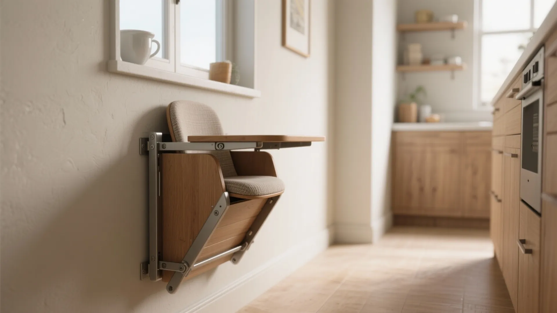 Modern wooden wall mounted folding baby high chair with small desk in a bright kitchen