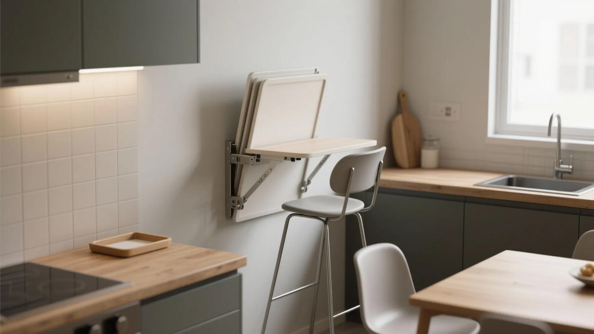 Space saving wall mounted folding table and high chair in a modern grey kitchen setting