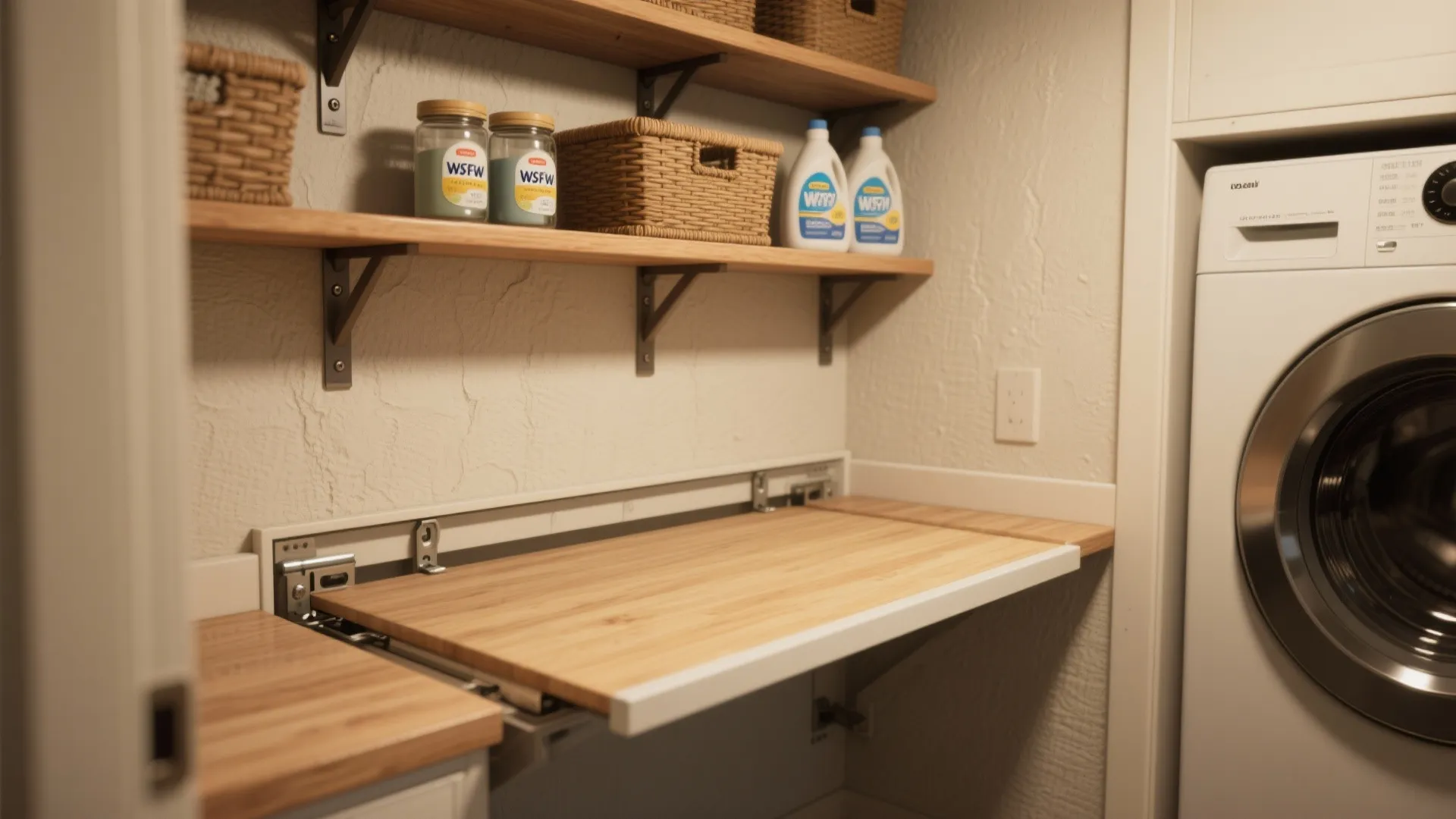 Laundry room with a wall mounted folding wooden table beside a white front loading washer