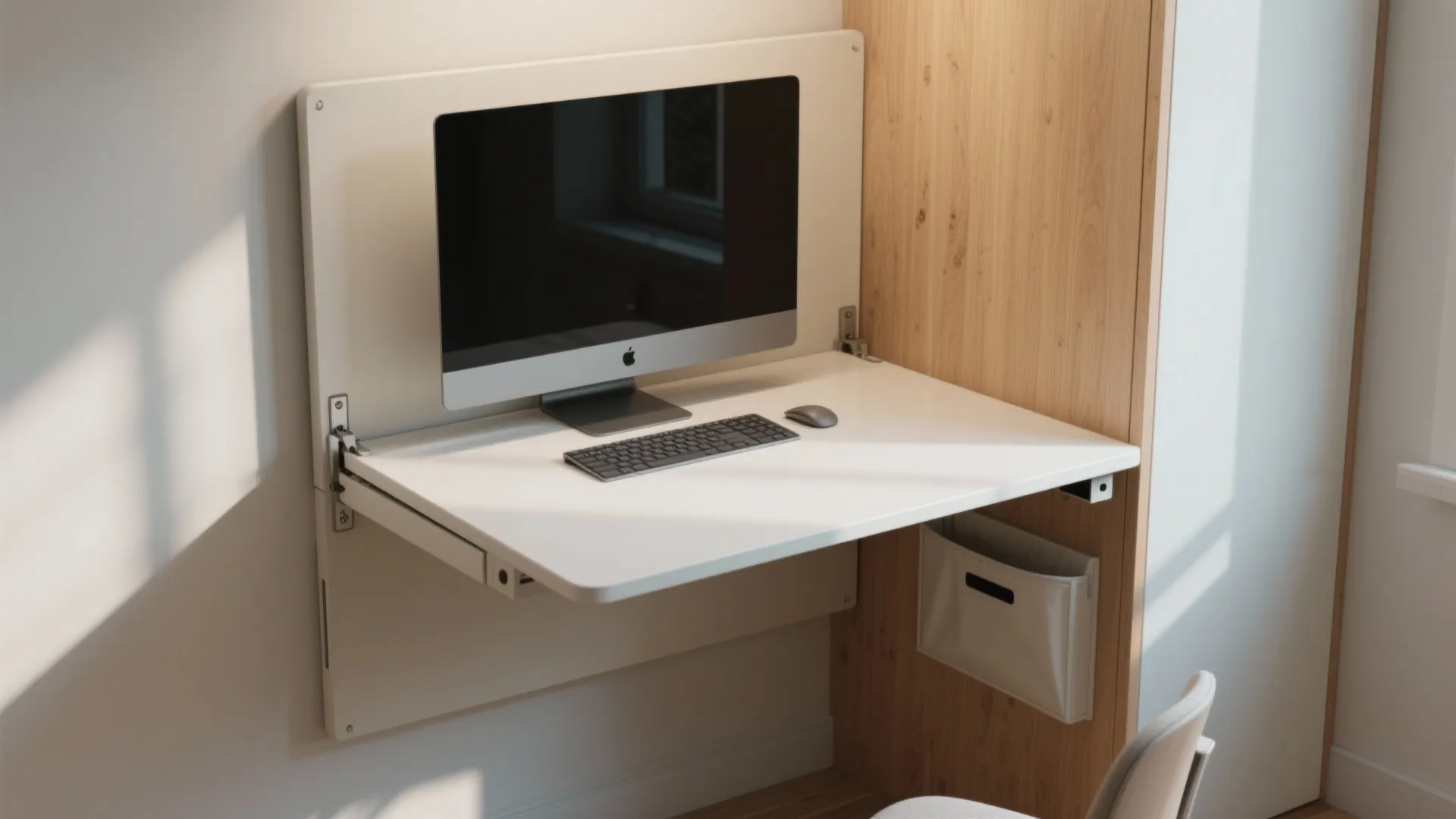 White wall mounted folding desk with a computer monitor keyboard and mouse in a room