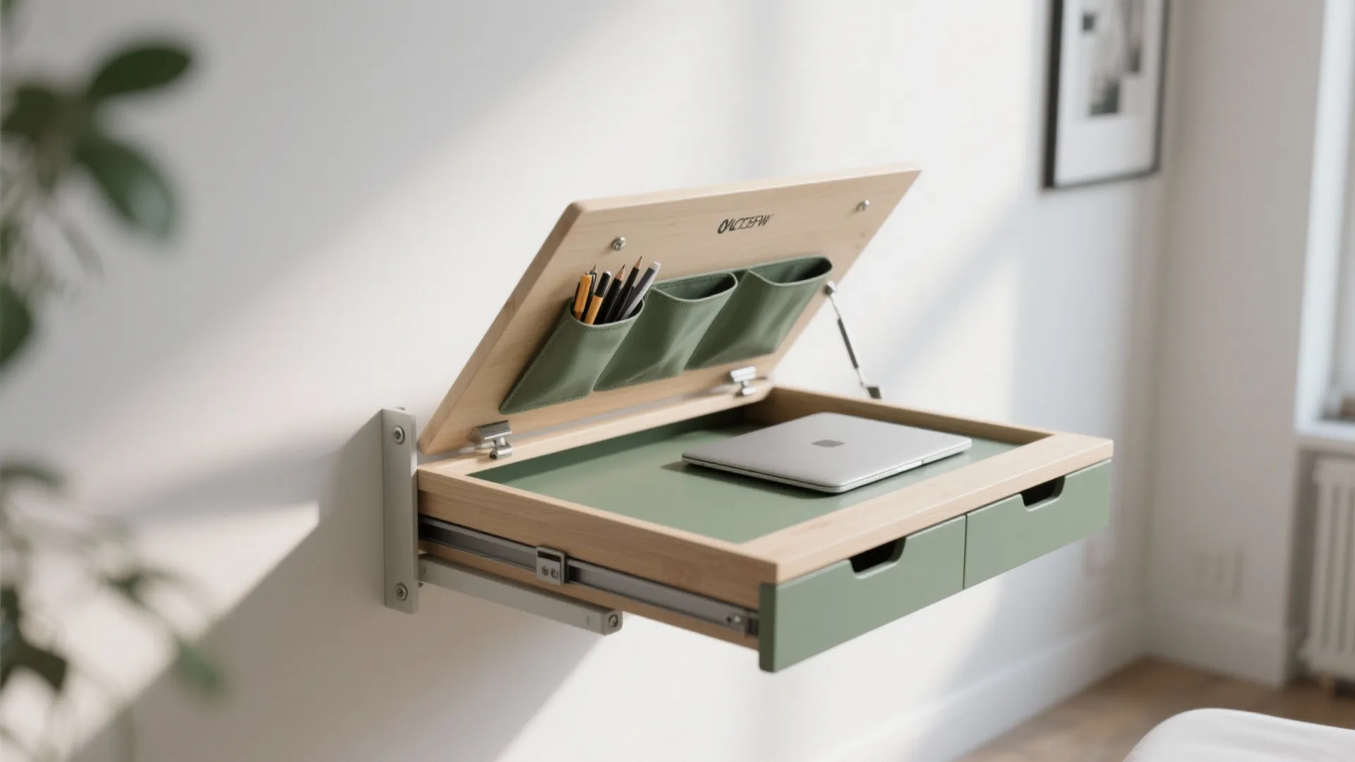 Wall-mounted fold-down desk with hidden drawers