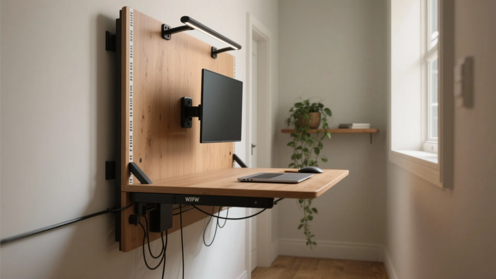 Wall-mounted fold-down standing desk in a narrow hallway showing gas-spring hinge and neat cable channels.