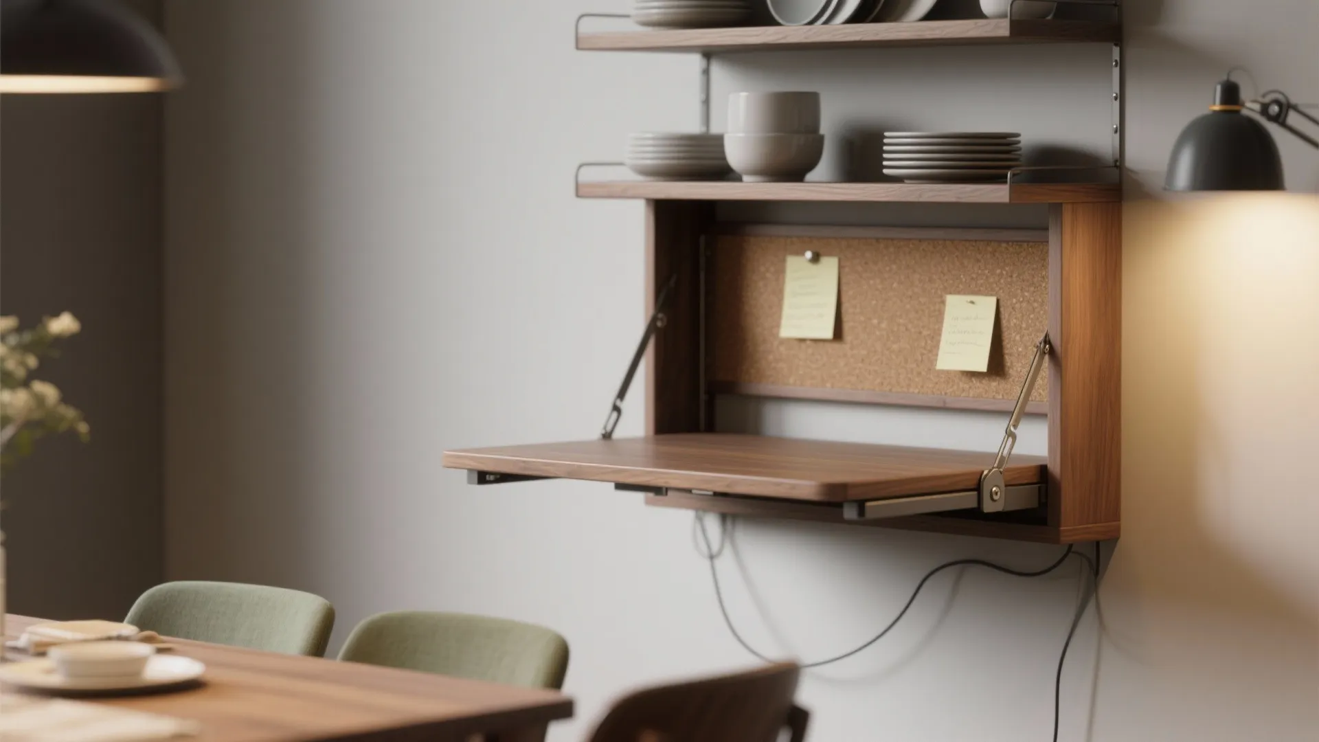 Close-up of a wall-mounted fold-down desk with shelving and tidy cable routing.