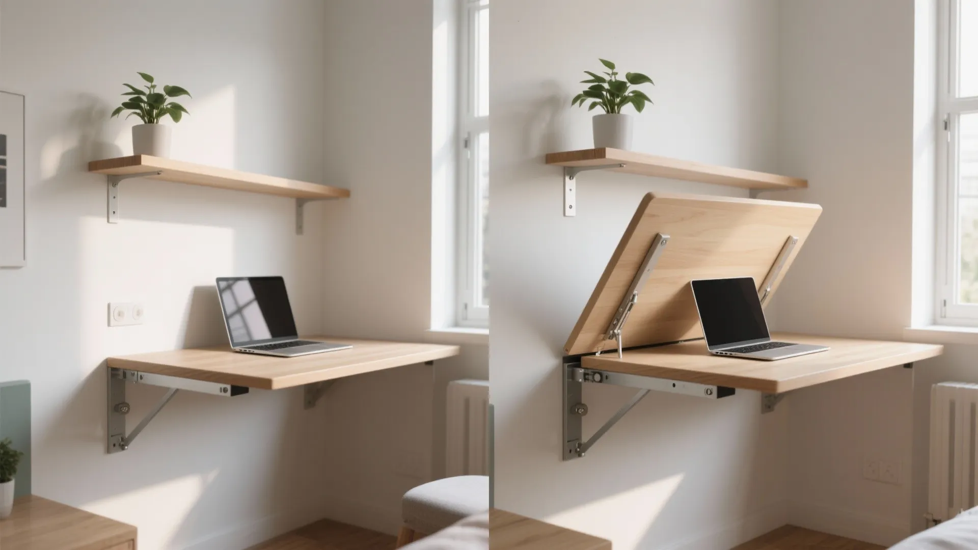 Comparison showing a wall mounted wooden folding desk in both open and partially closed positions