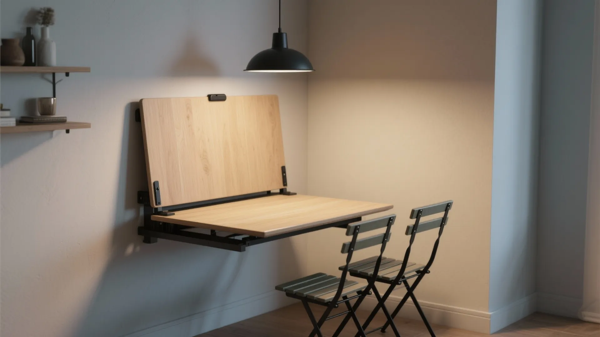 Wall-mounted fold-down dining table with stackable chairs and a slim pendant