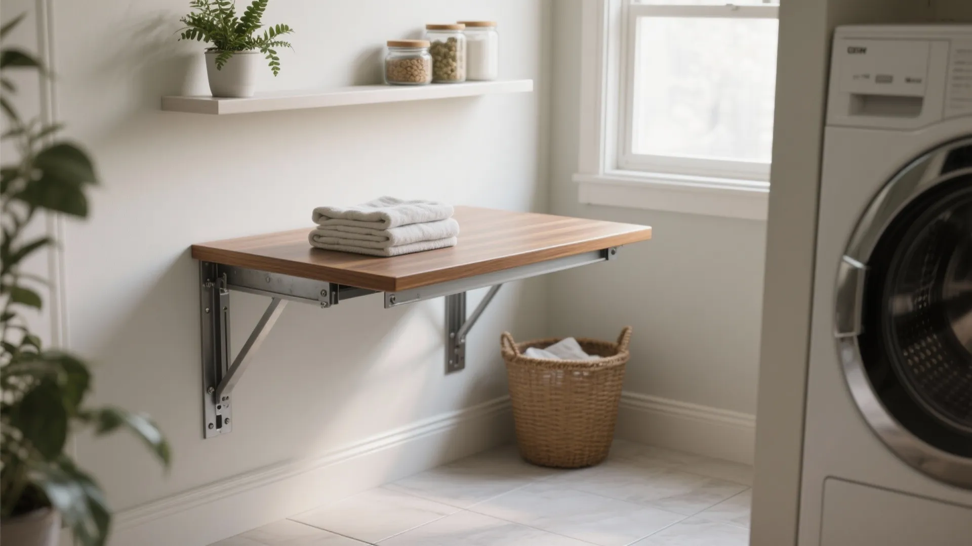 Small laundry nook with a wall-mounted fold-down table, slim floating shelf, and folded towels.