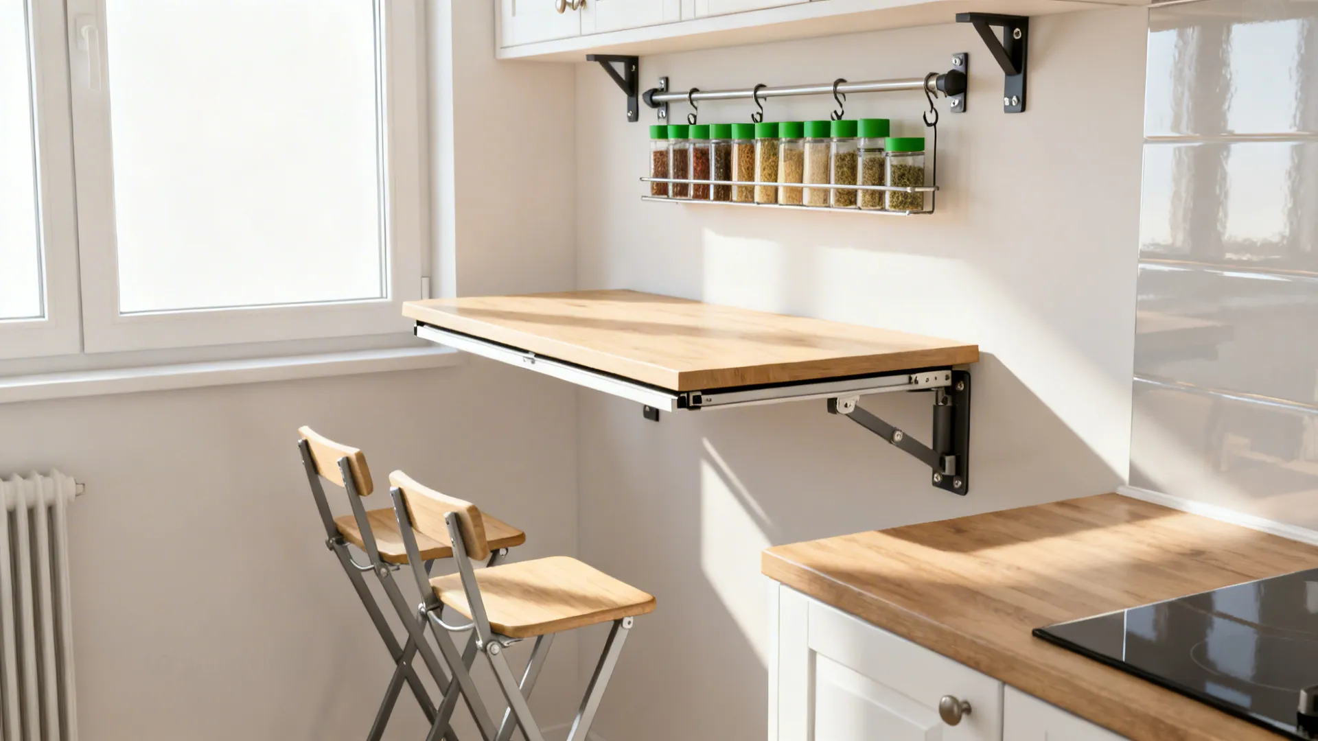 Studio kitchen with a wall-mounted fold-down table under a spice rail by a window.