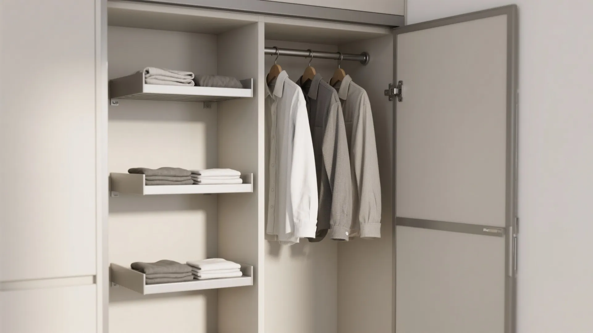 Modern open wardrobe with white clothes hanging on a rod and neatly folded grey towels