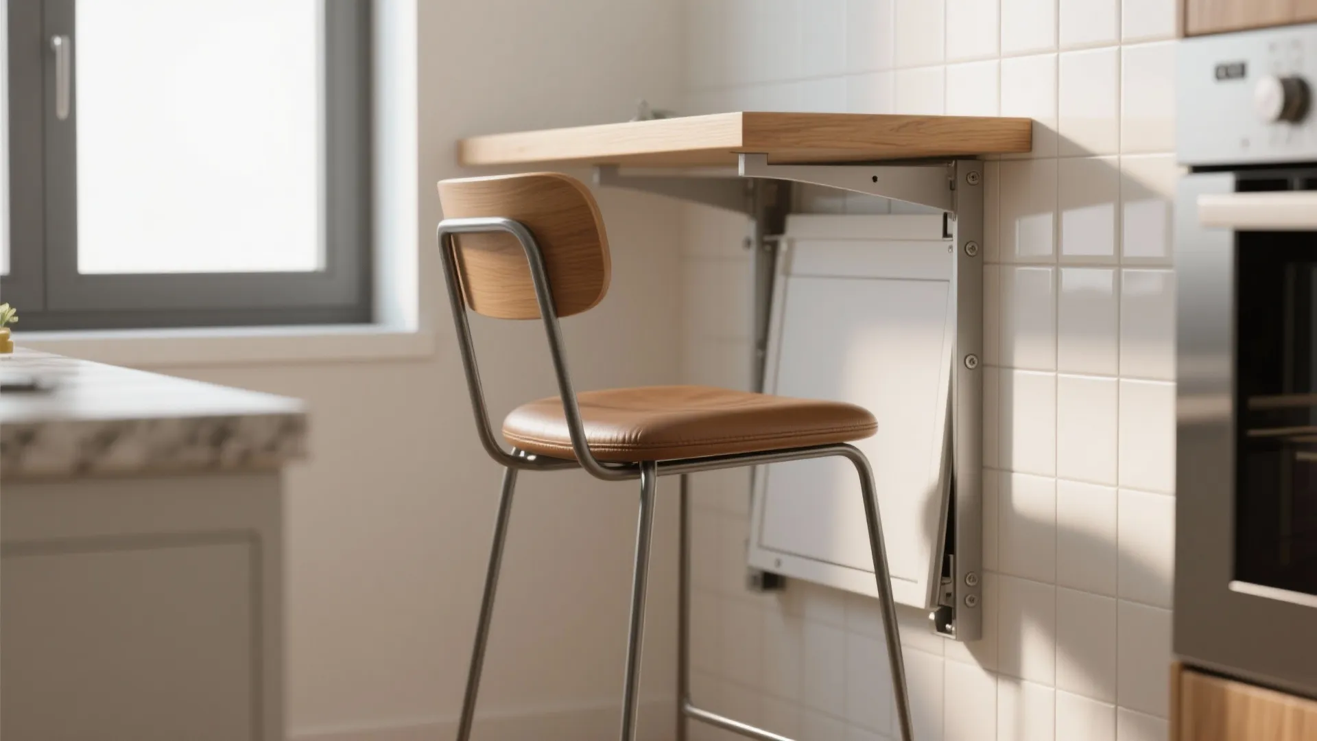 Small dining space featuring a wall mounted folding wooden table and a brown metal chair