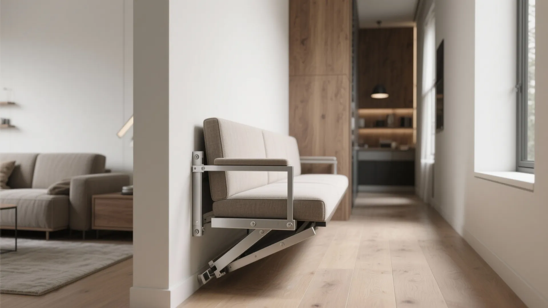 Narrow living room showing a wall-mounted fold-down seat and slim banquette extended to create seating.