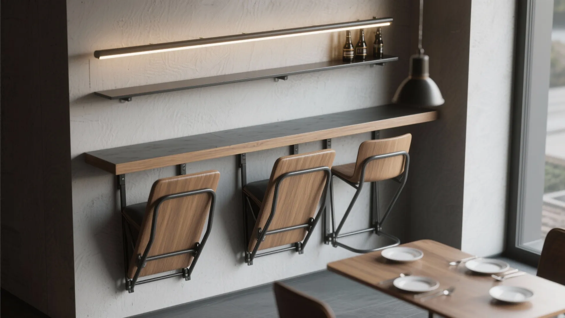 Wall-mounted fold-down seats and a slim bar shelf creating an ultra-space-efficient dining ledge.