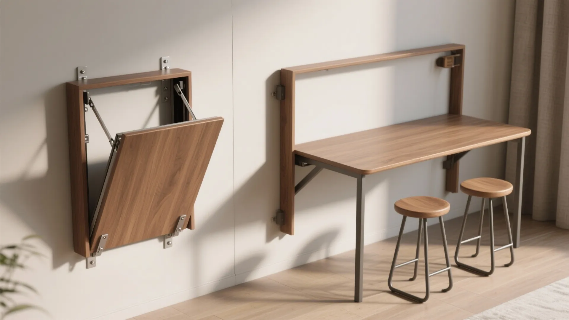 Space saving wall mounted folding wooden desk showing both closed and open positions with metal stools