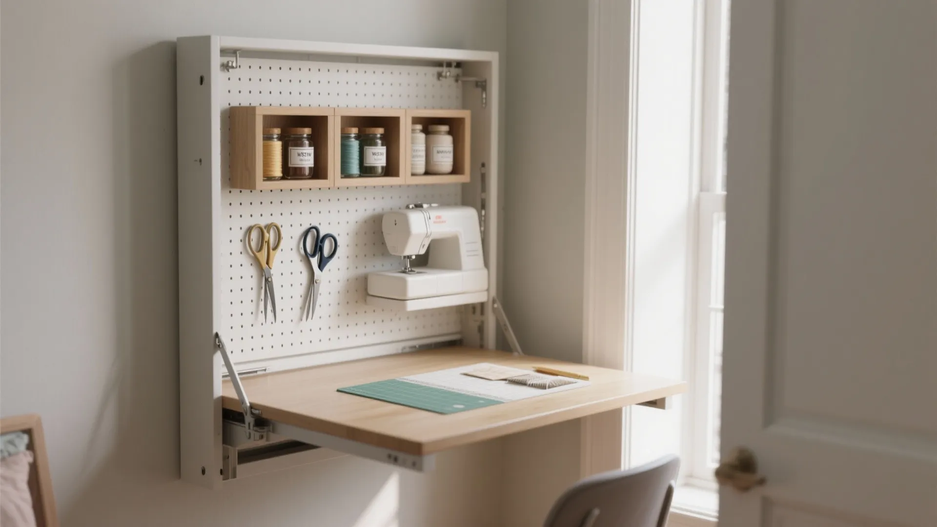 2. Wall-mounted fold-away station with vertical storage