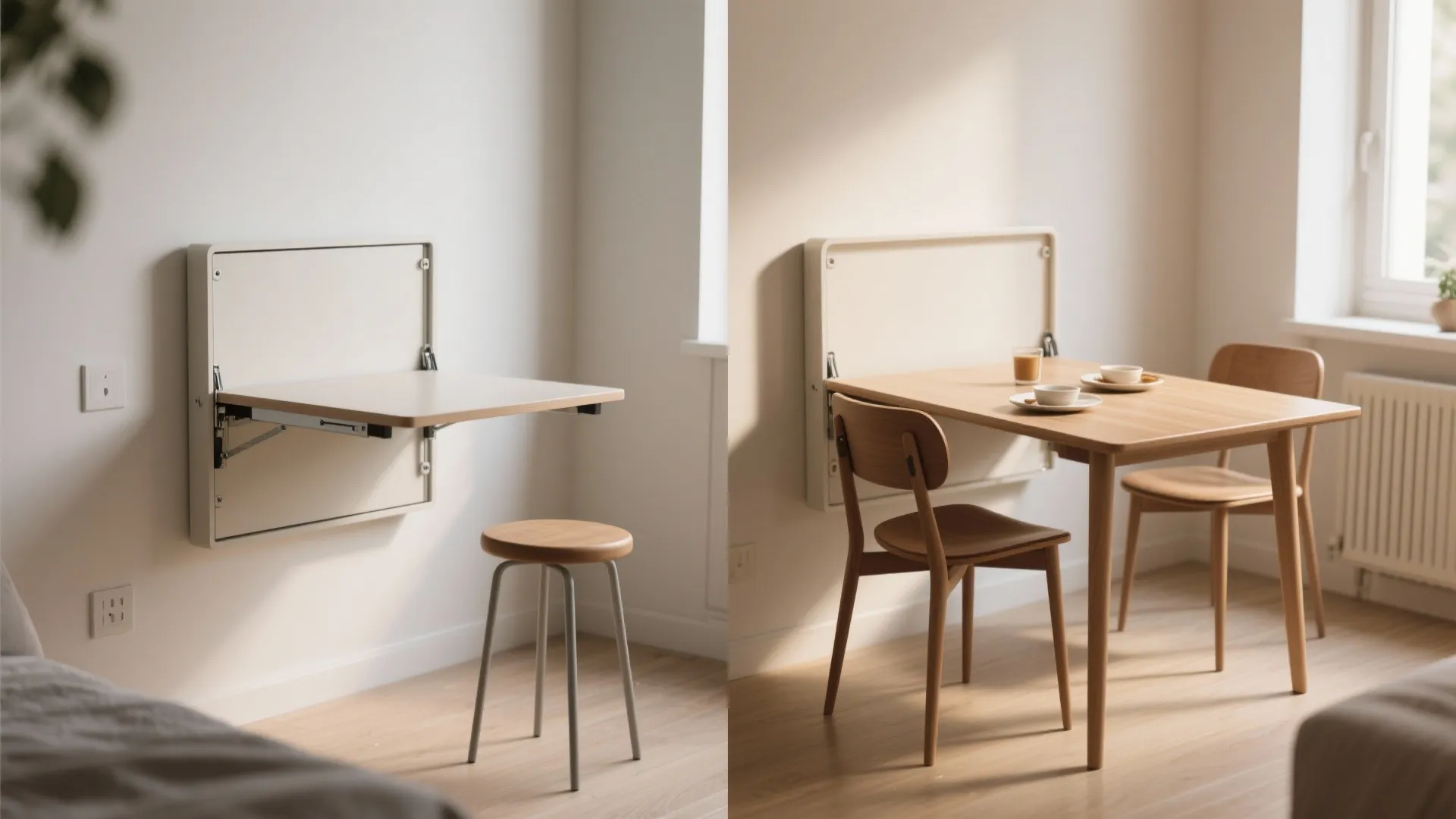 Before-and-after view of a wall-mounted fold-down table folded flat and opened in a compact dining spot.