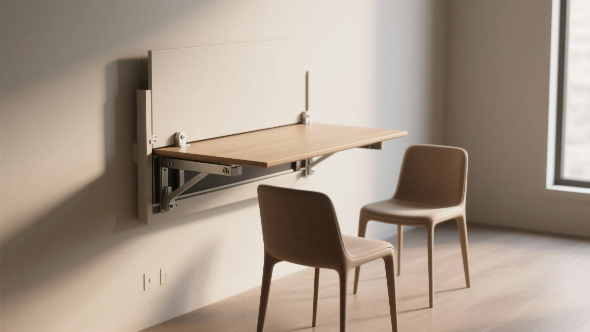 Wall-mounted fold-down table shown both as a console and extended dining surface with chairs.