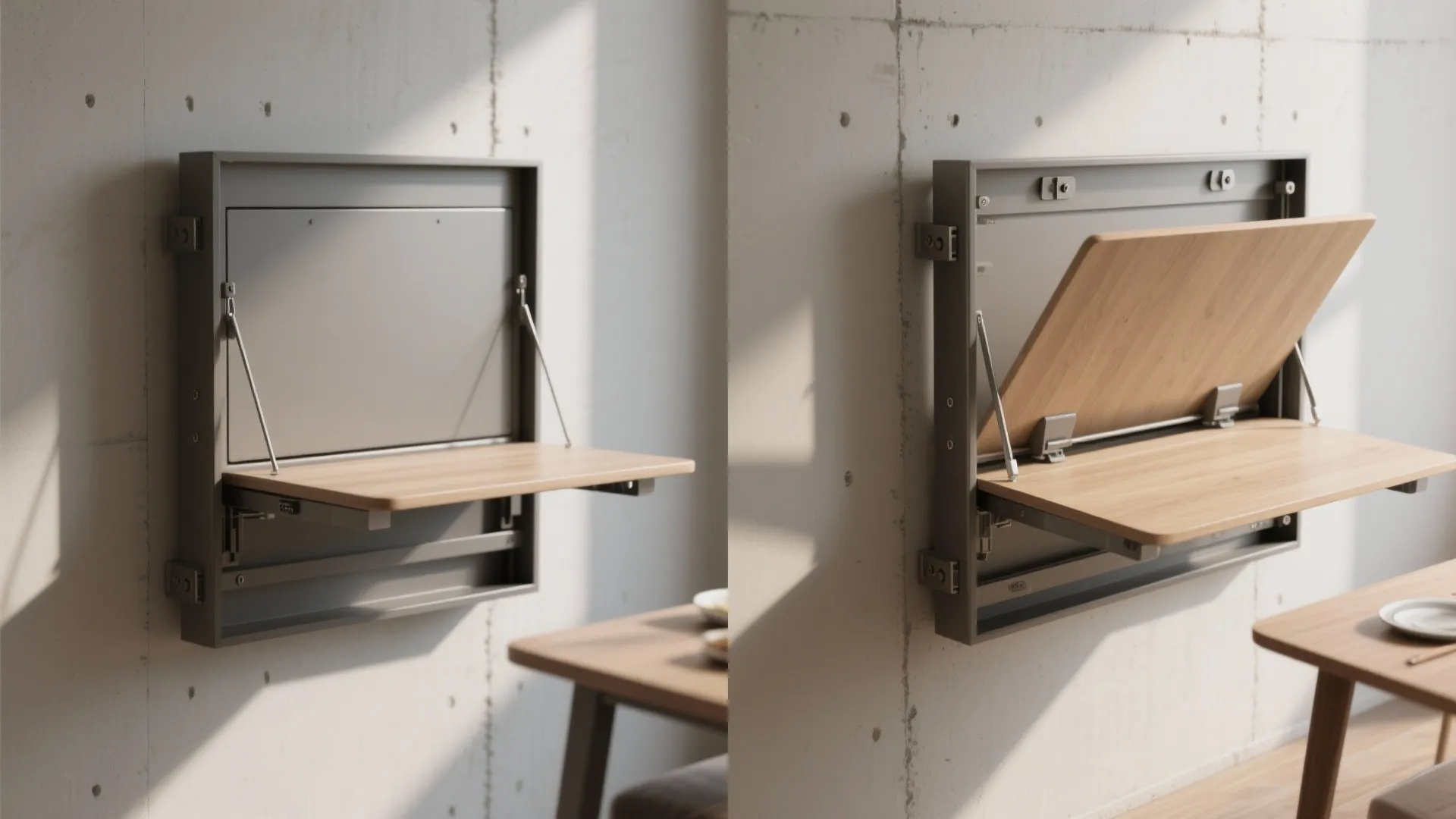 Space saving wall mounted folding desk being opened and closed on a grey concrete wall