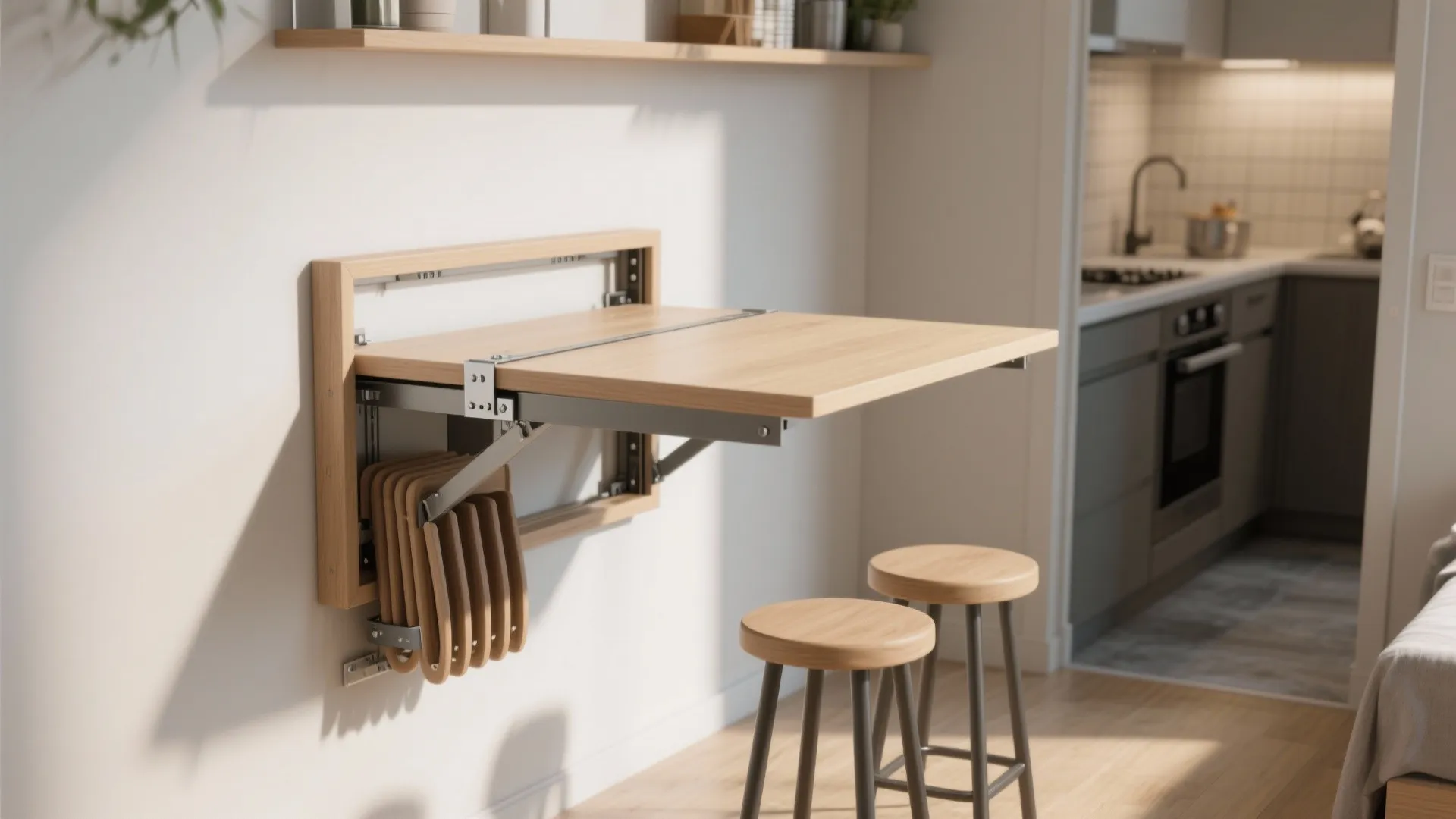 Space saving wall mounted folding wooden table with two small stools in a modern kitchen