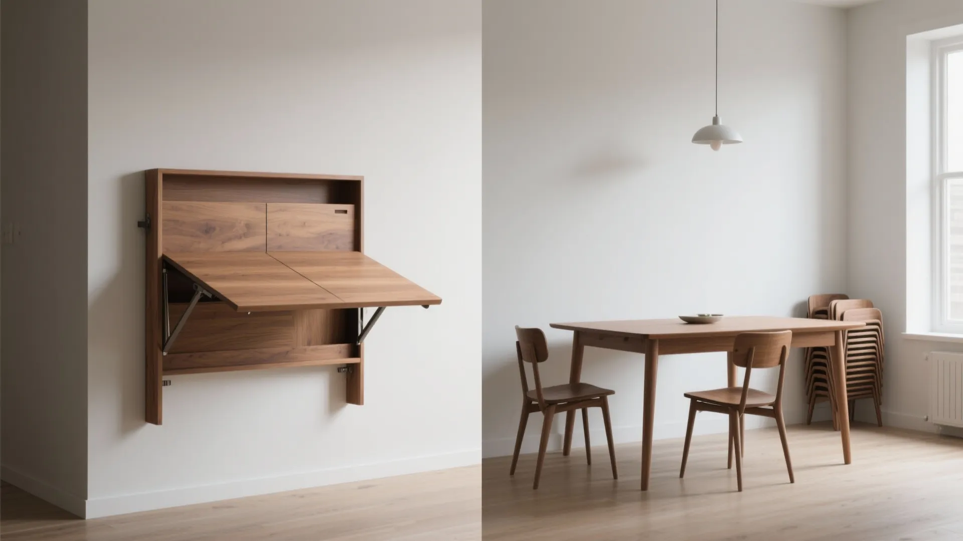 Comparison of wooden wall mounted folding table versus matching wooden dining table with four chairs set