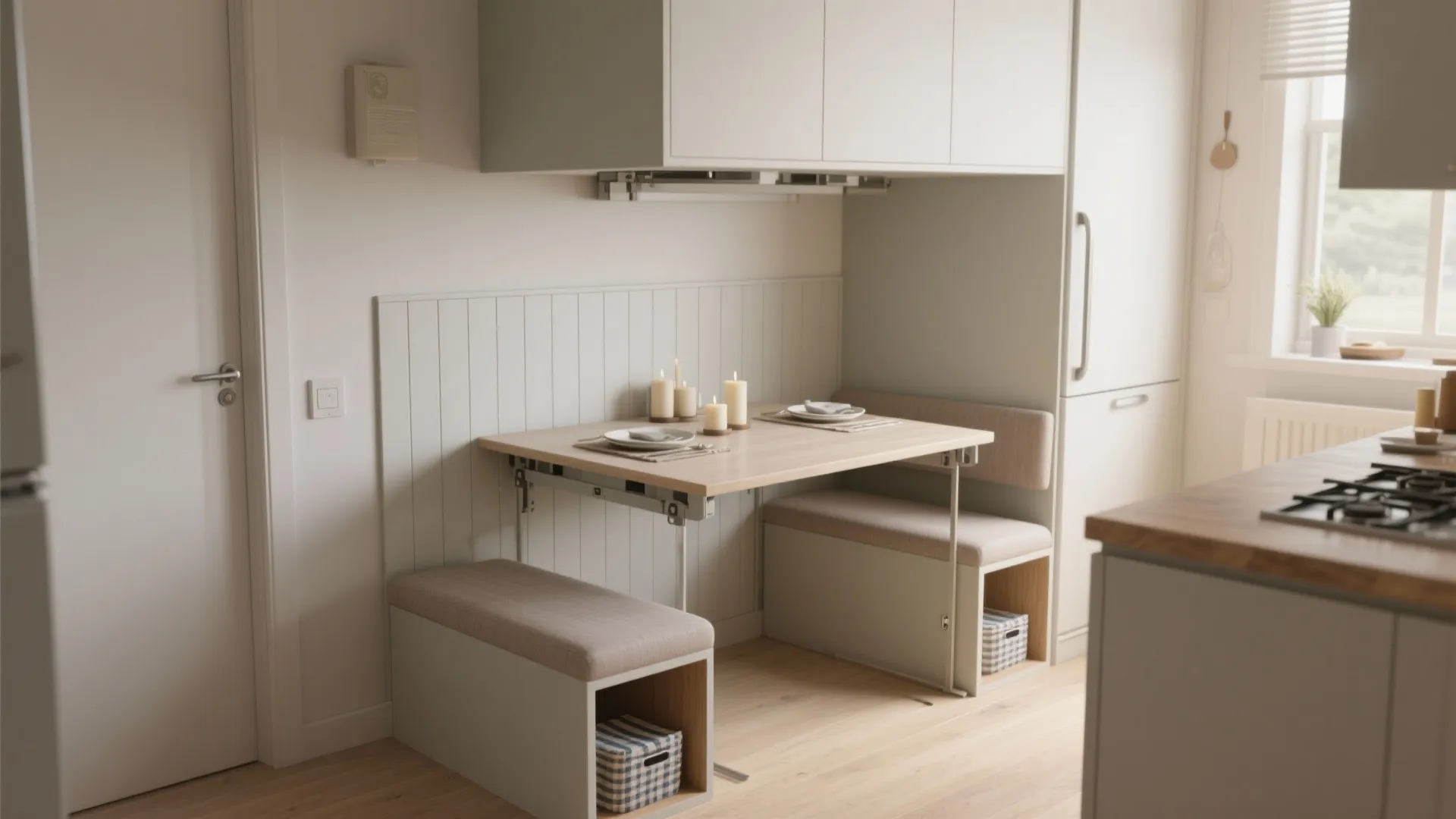 Small dining nook with wall table and two beige storage benches in a modern kitchen