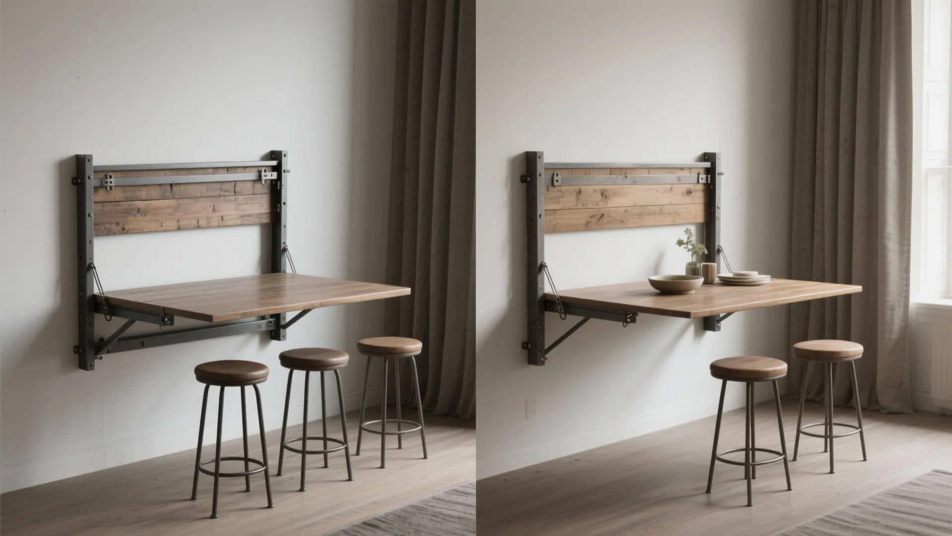 Before and after comparison of a wall mounted folding wooden table with three tall metal stools