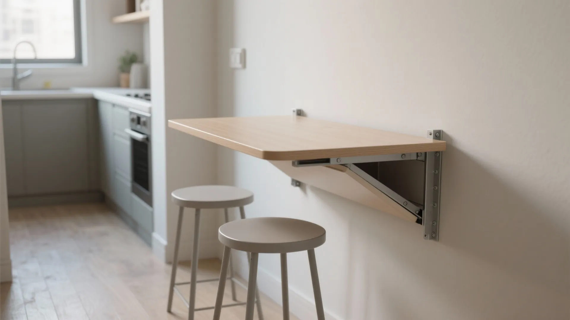 Wall-mounted folding table down with slim stools tucked underneath in a narrow kitchen.