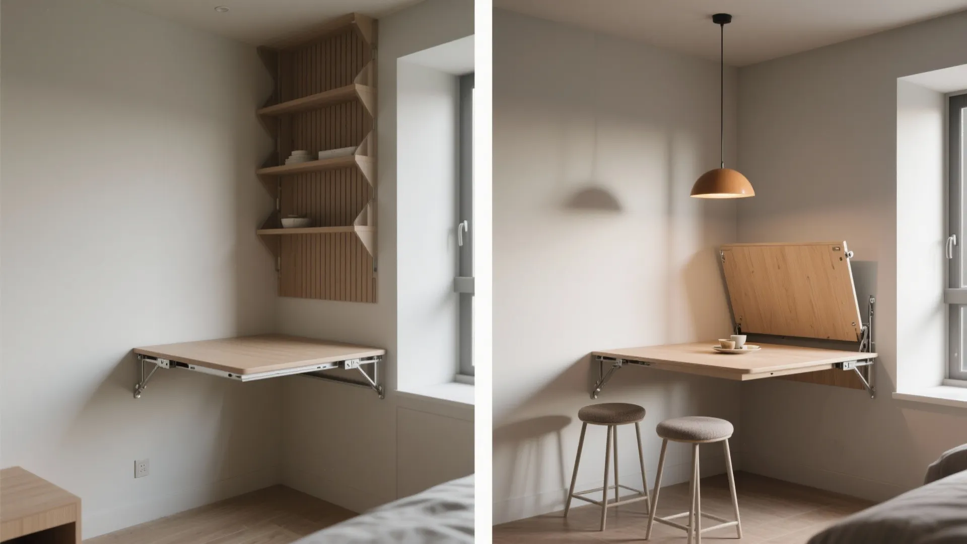 Folding wall table and wall shelves in a small room with two stools and light