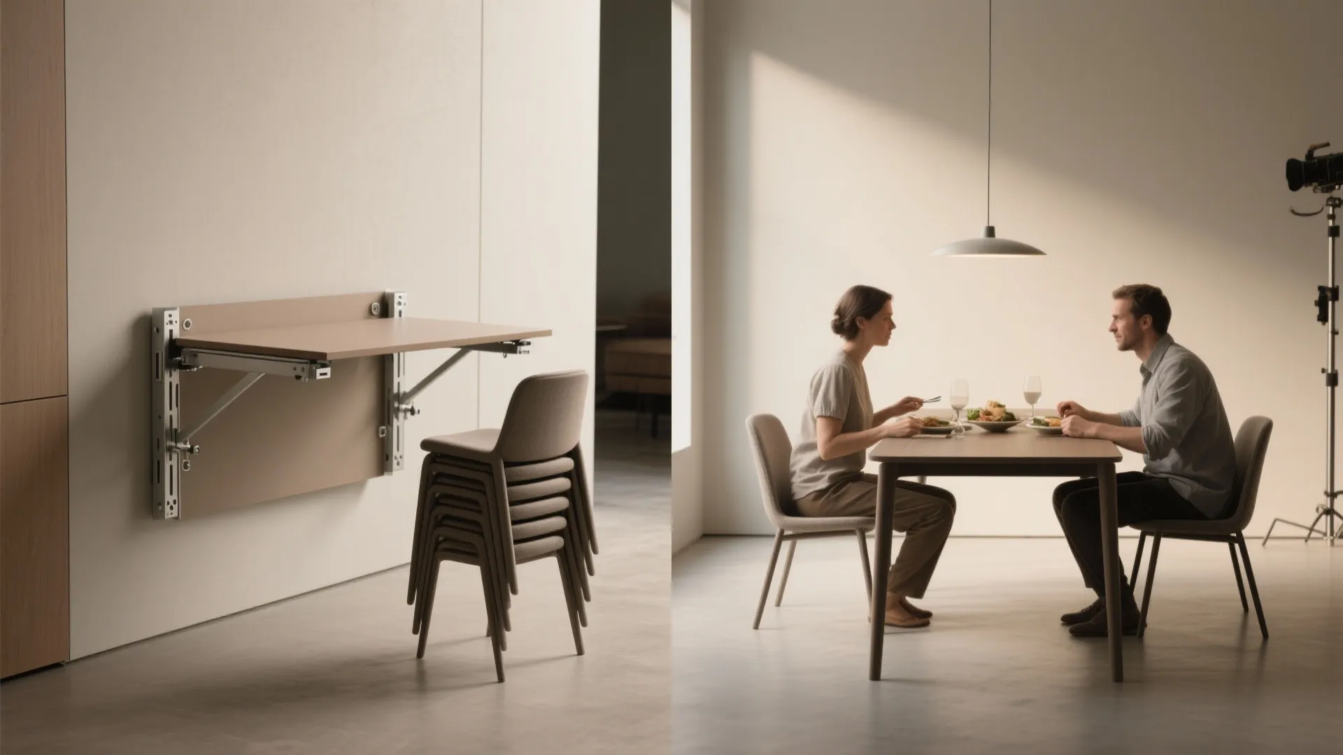Wall-mounted fold-down table in a studio, shown folded flat and open for dining, highlighting brackets and space-saving design.