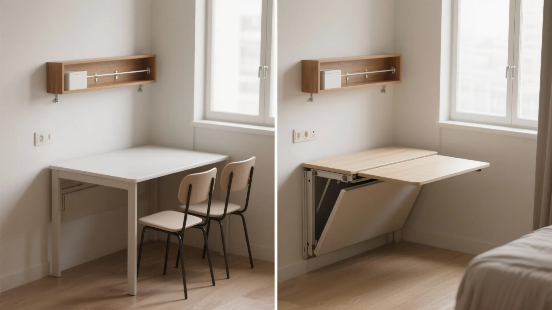 Before and after comparison of a white desk and a wooden wall mounted folding table