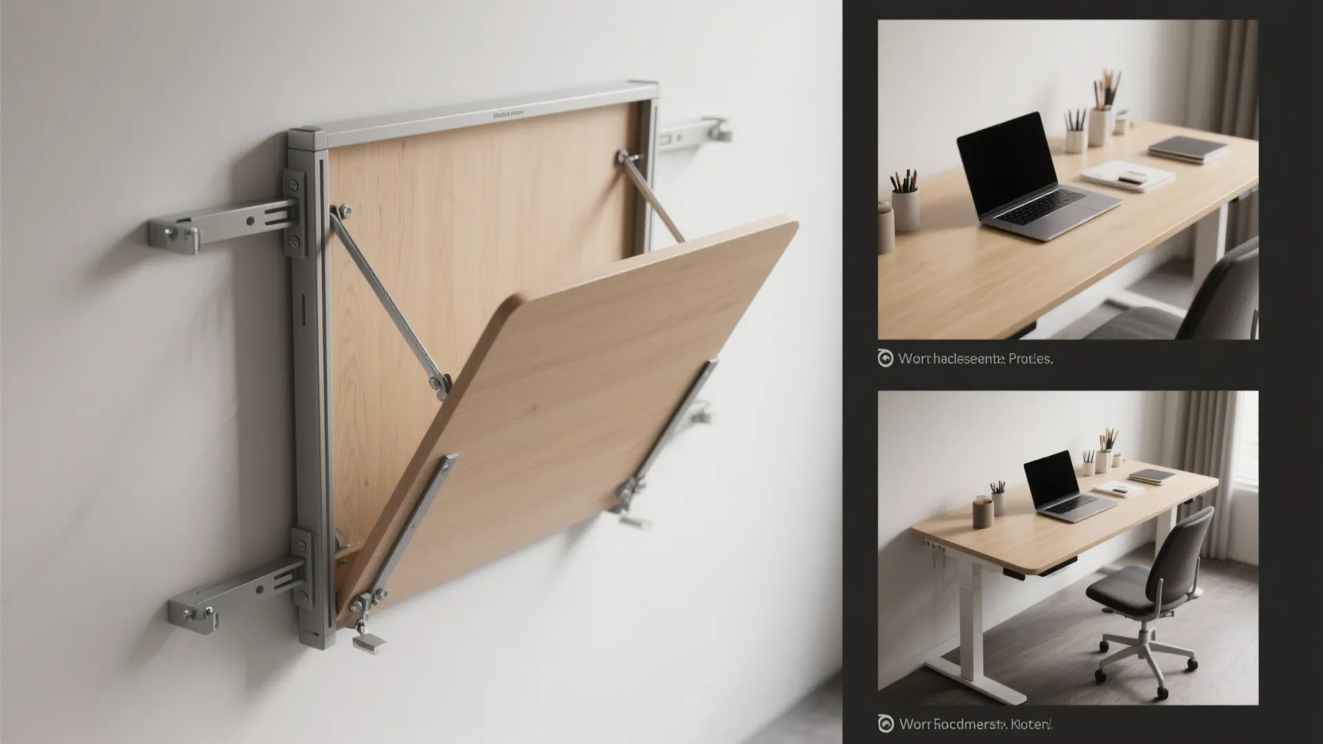 Wooden wall folding table shown being opened and used as a desk with a laptop