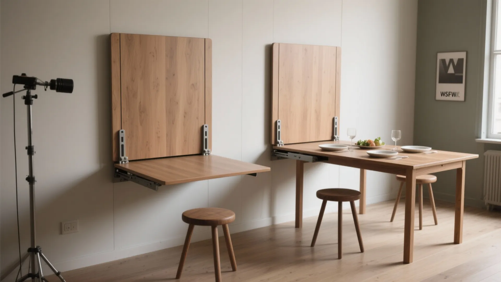 Two wooden wall mounted folding tables showing one closed and one open with matching stools