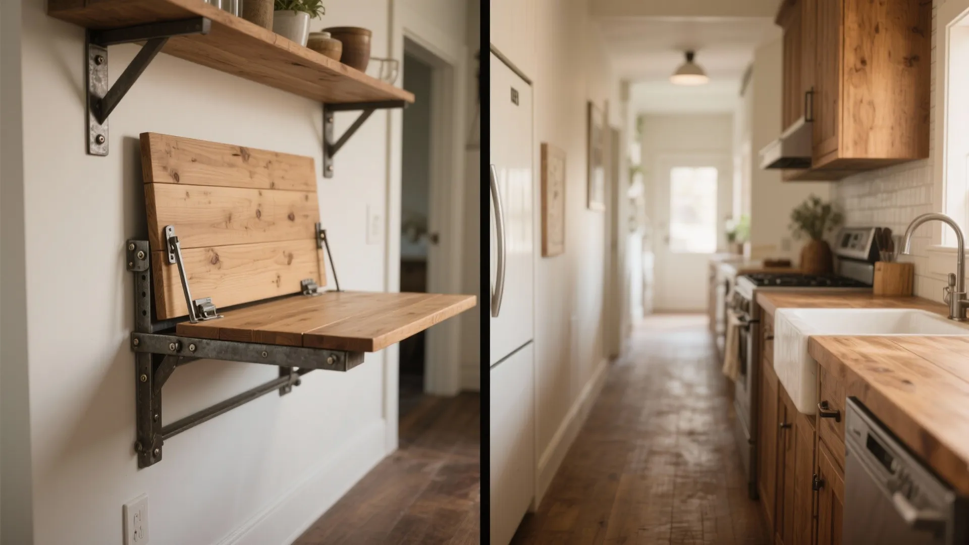 Narrow kitchen with a wall-mounted fold-down rectangular table shown folded and extended, highlighting hinges and clearance.
