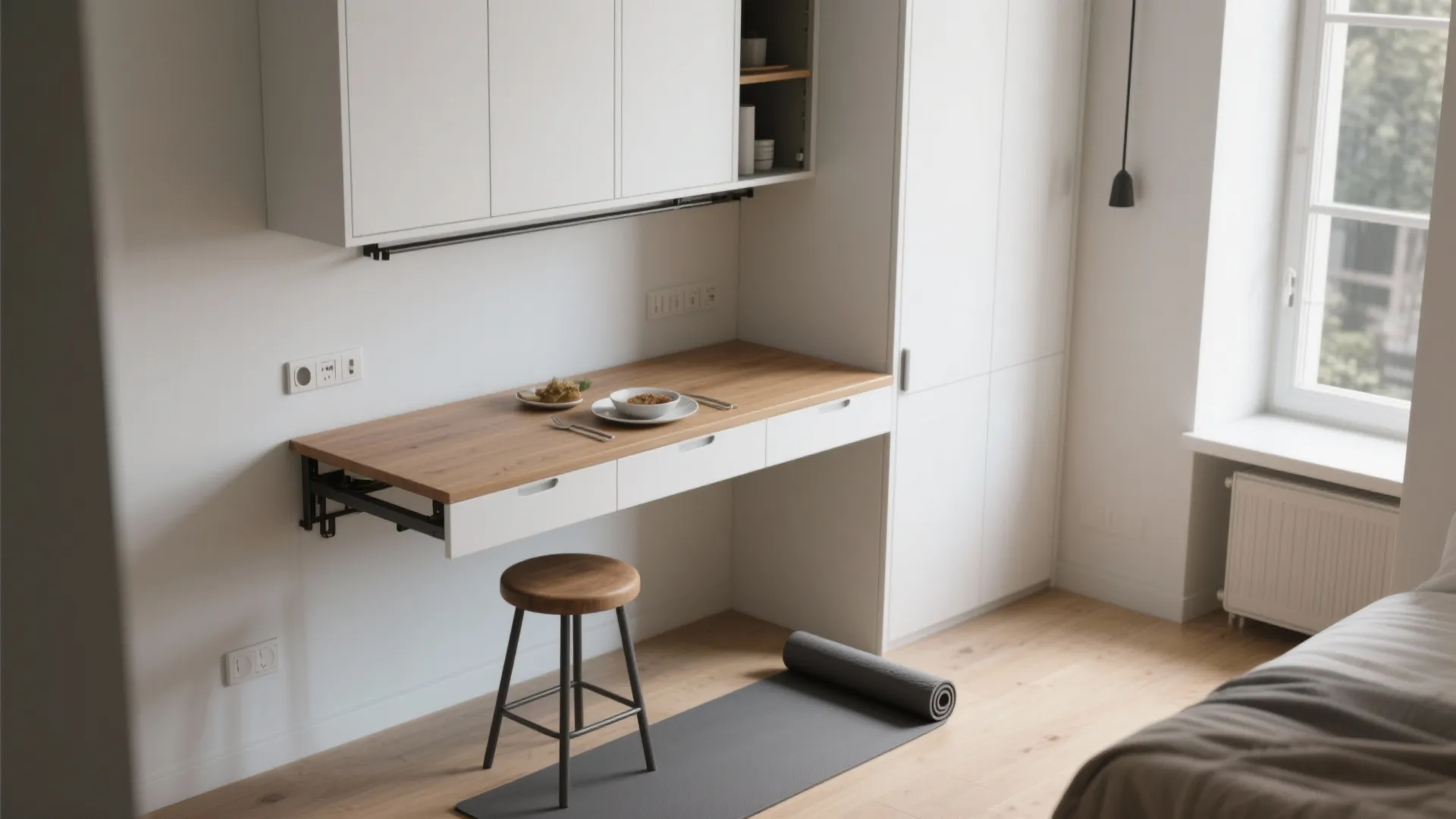 2. Wall-mounted fold-down table — urban minimalism