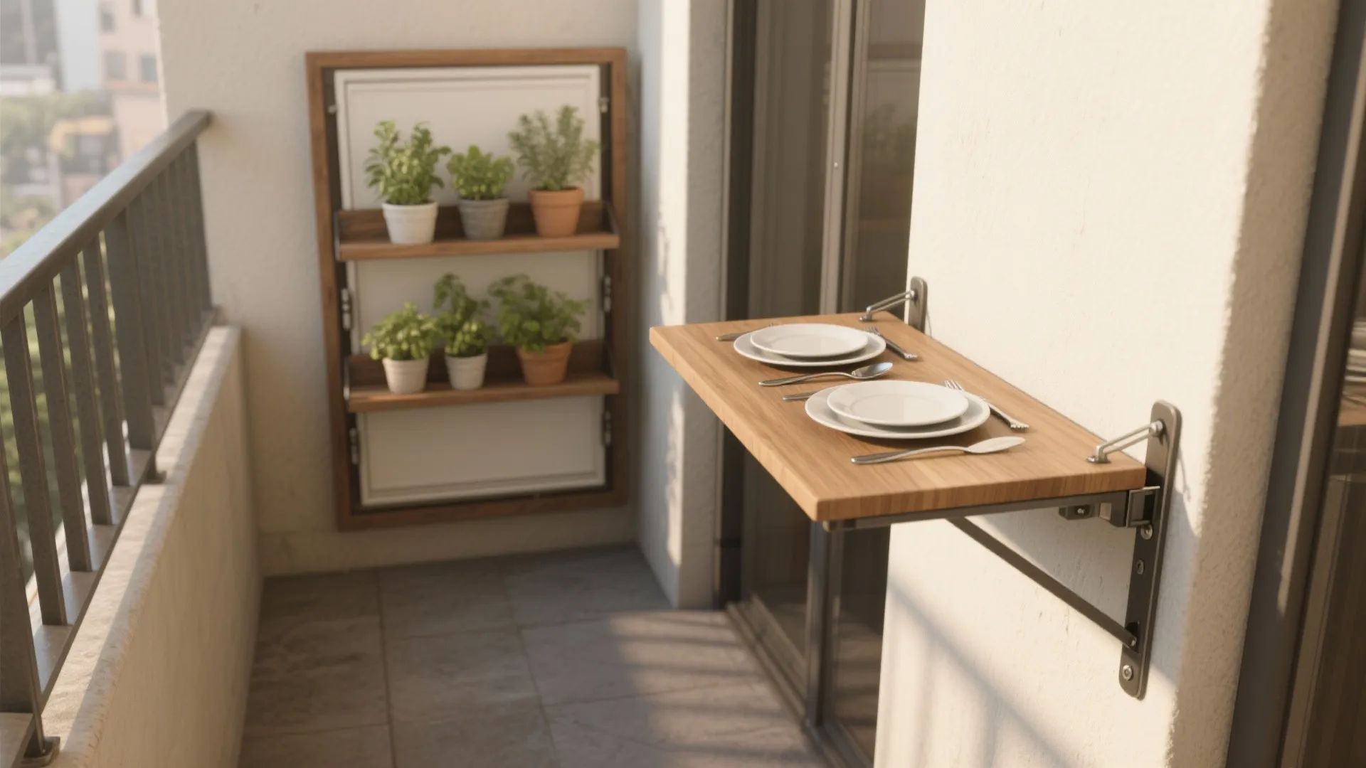 Modern balcony featuring a wall mounted folding wooden table and vertical garden with potted plants