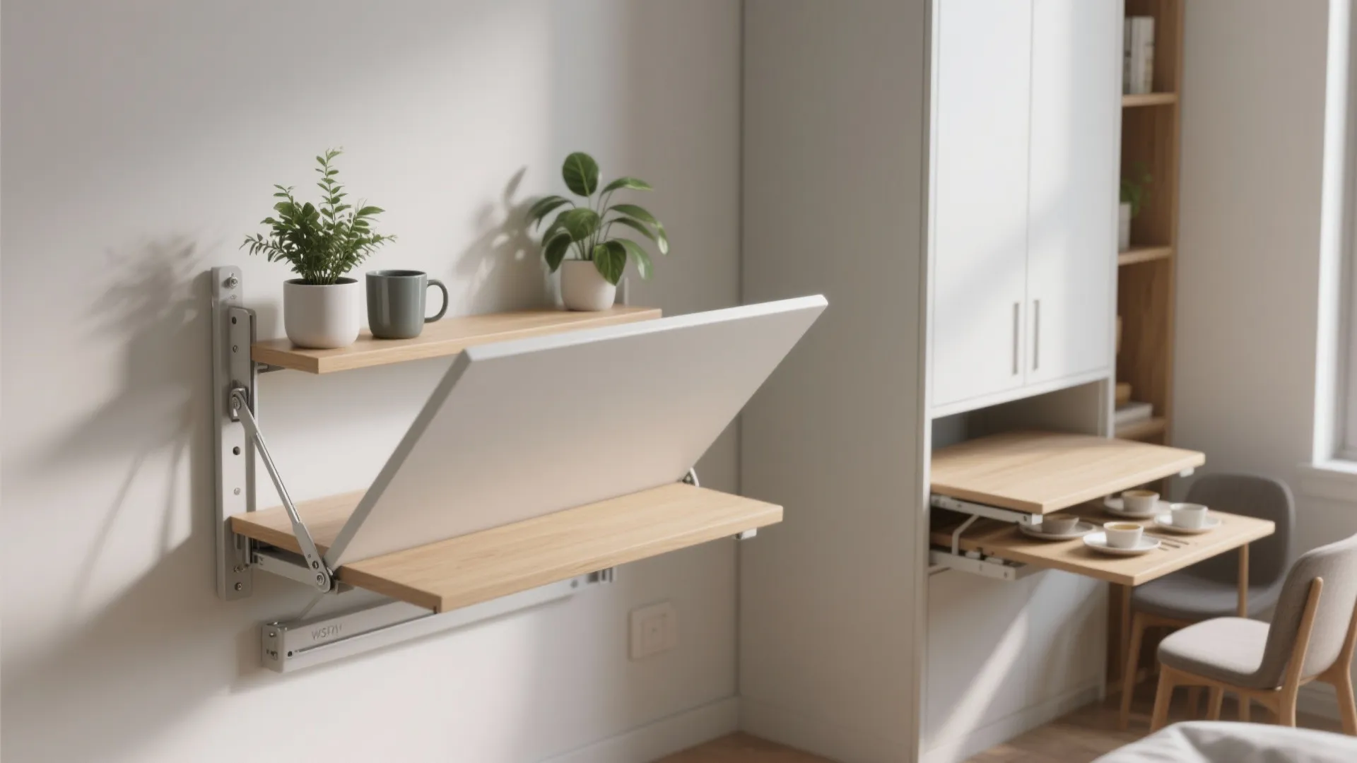 Wall-mounted fold-down table shown both folded flat as a shelf and pulled down as a dining surface.