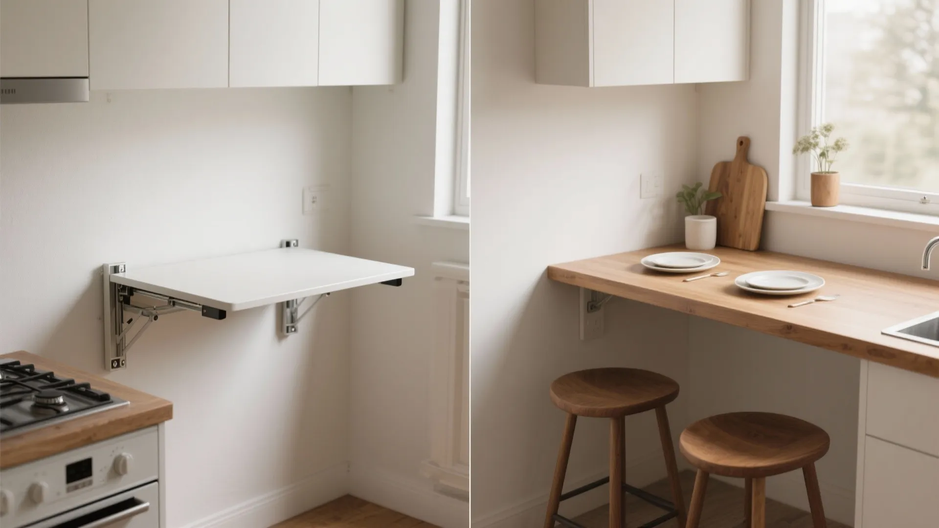Before-and-after view of a wall-mounted fold-down table folded flat and unfolded as a breakfast bar.