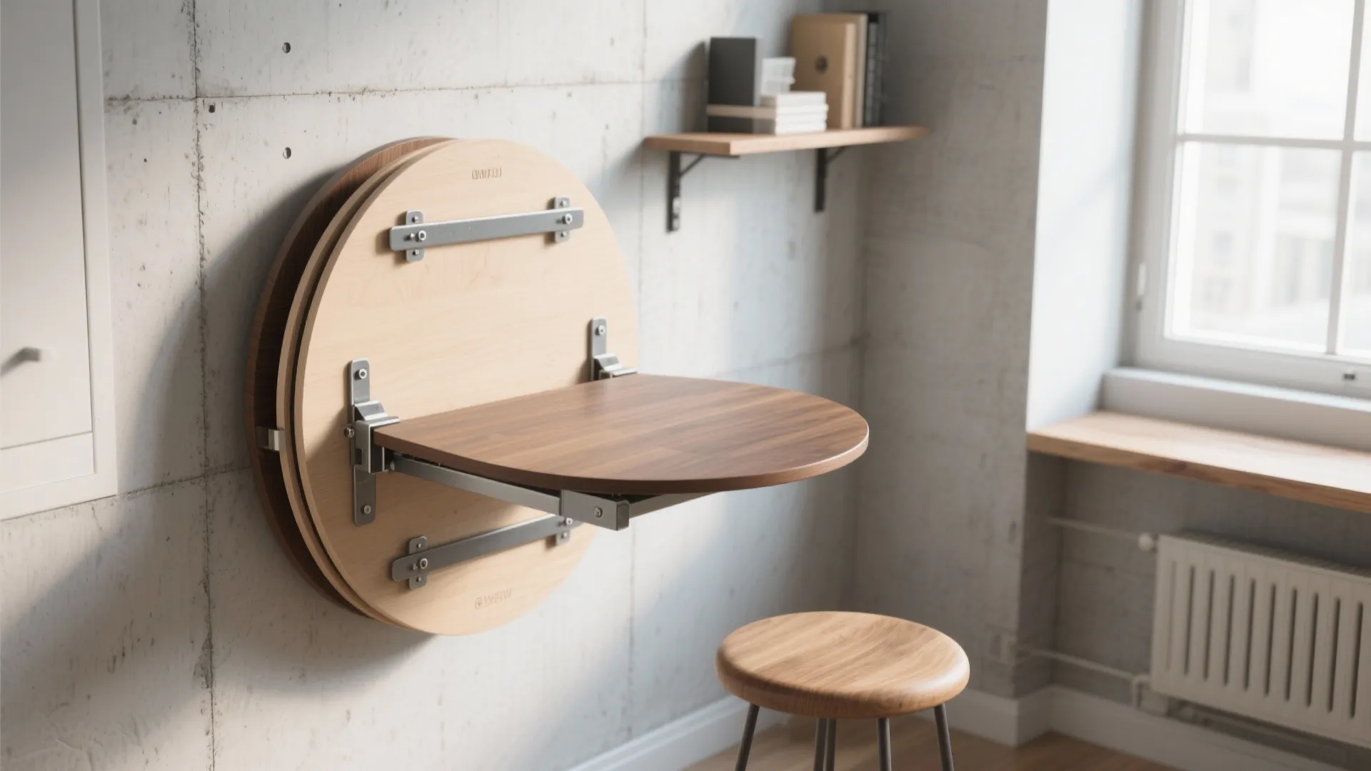 Wall-mounted round drop-leaf table folded and half-extended with visible brackets in a studio apartment.