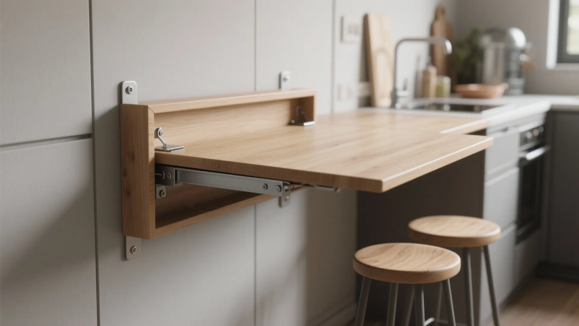 Wooden wall mounted folding table extended in a modern kitchen with stools and white cabinets