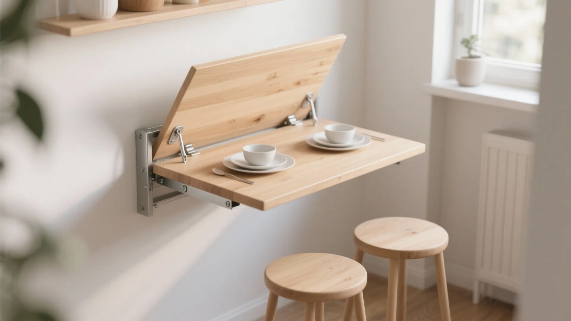 Small breakfast nook with a wall-mounted fold-down table opened and set for two.