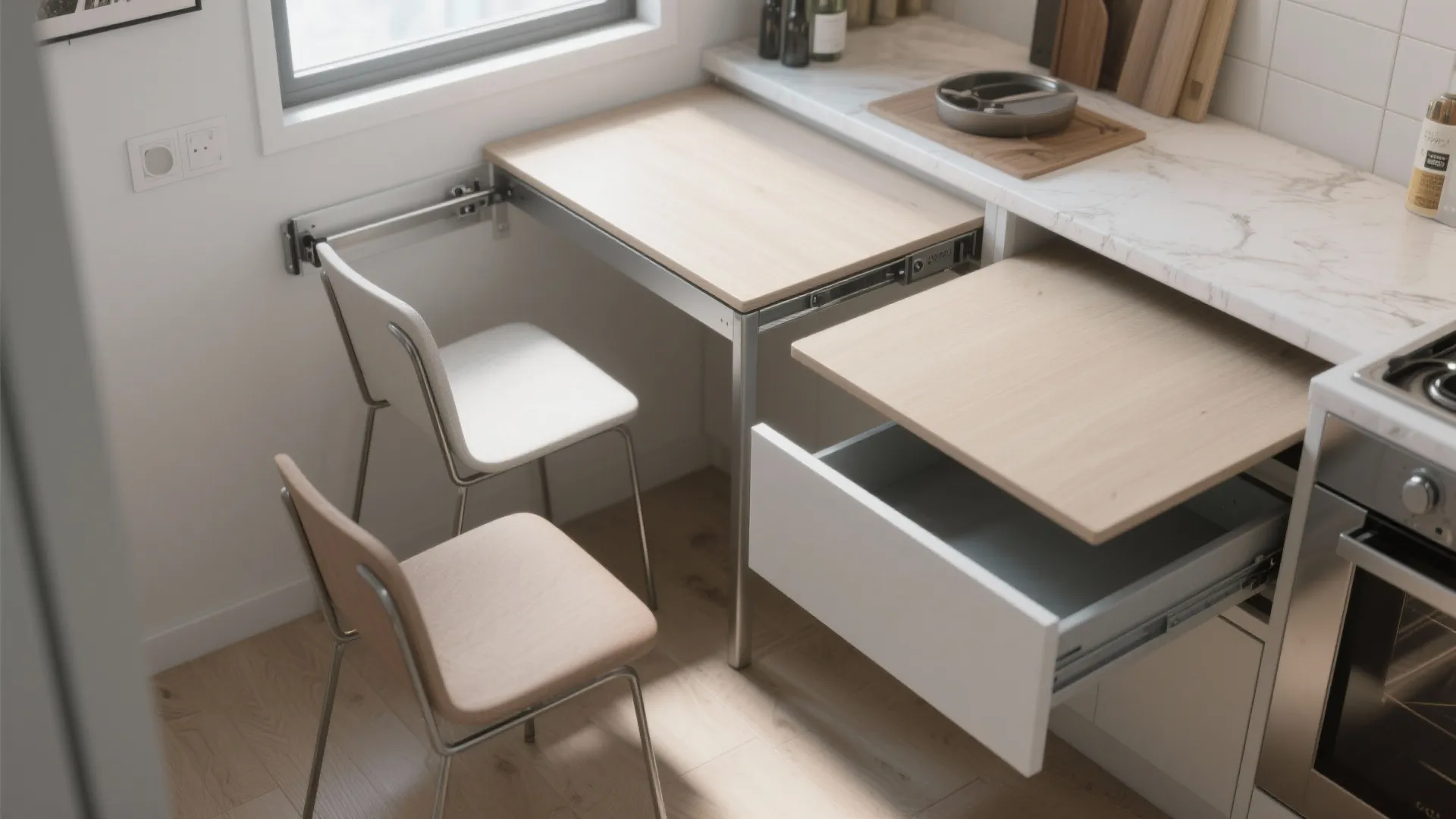 5. Wall‑mounted folding tables and pull‑out drawer tables
